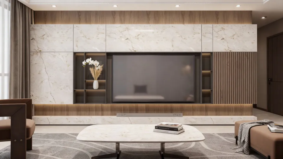 Installed stone surface reviewed for material and finish consistency